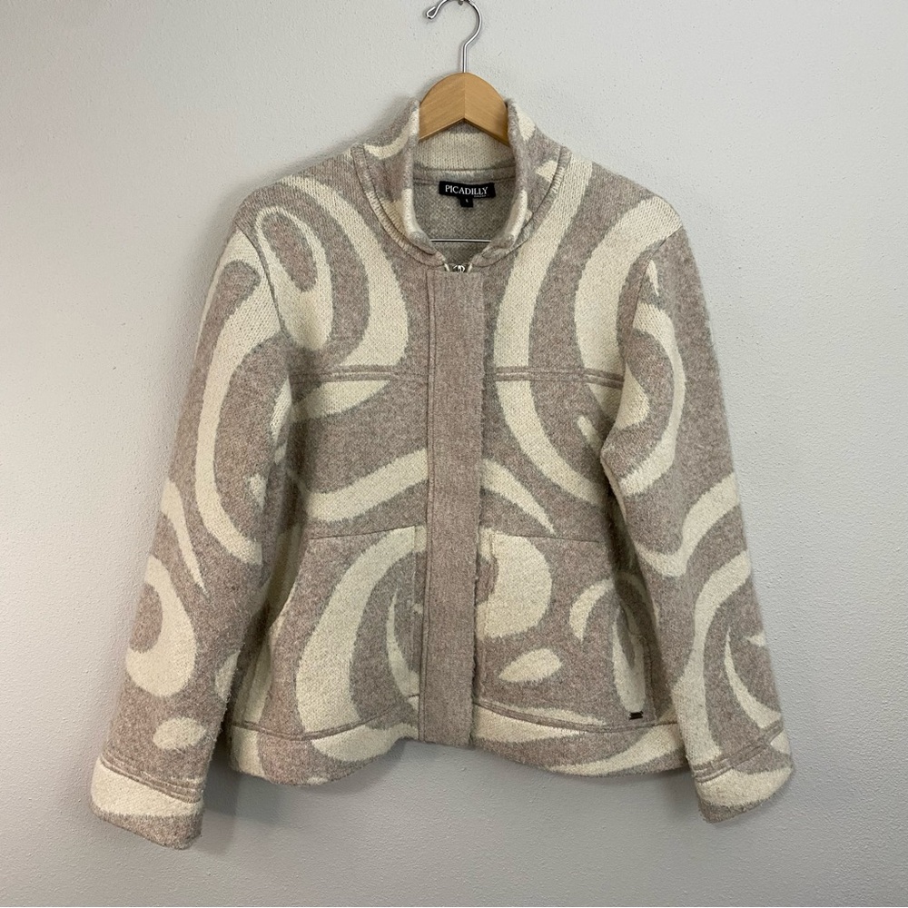 Piccadilly‎ Full Zip Front Jacket Beige Brown and Creme Swirl Jacket Large